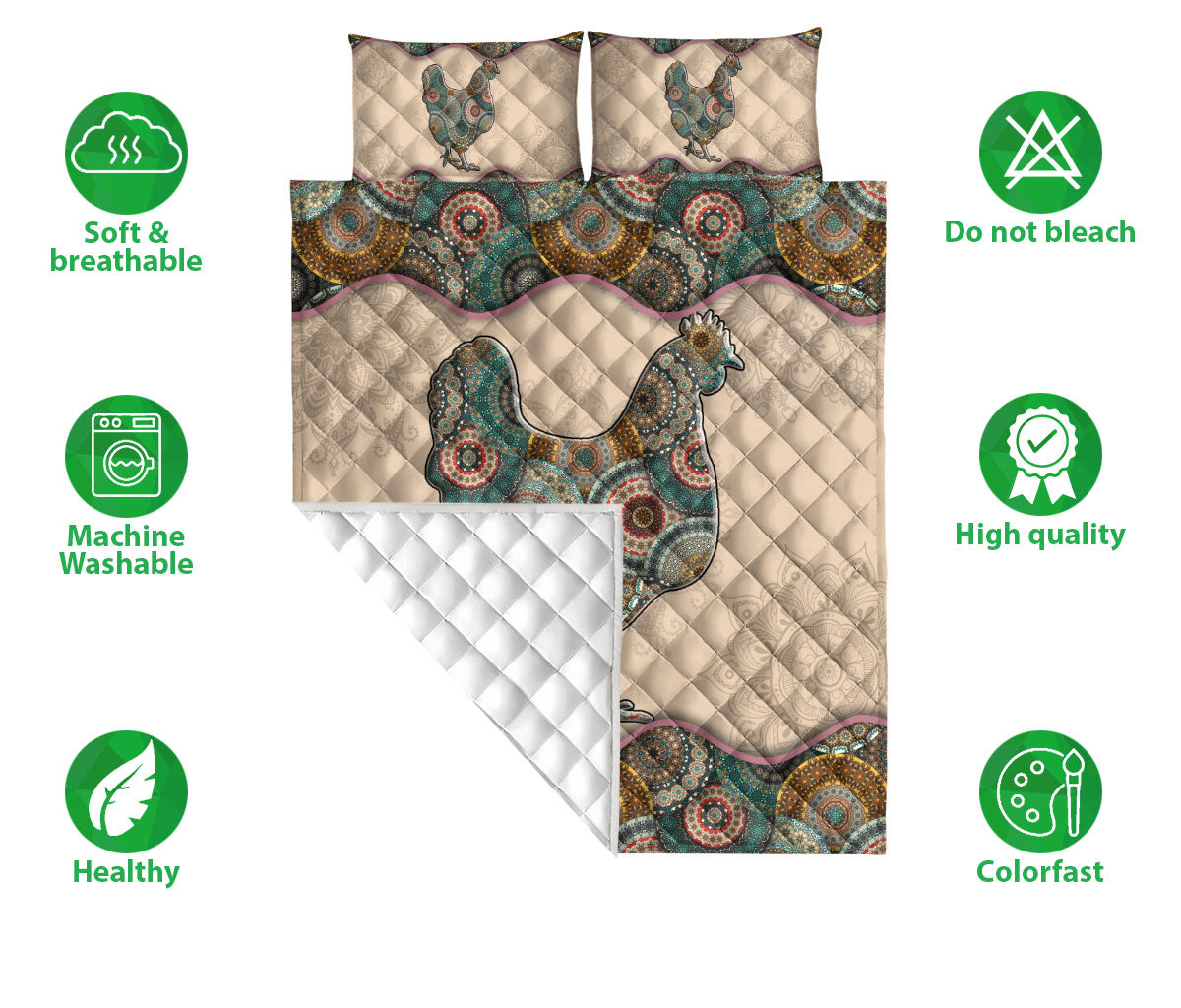 Chicken Quilt Set, Farm Chicken Hen Mandala Farmer Farmho Use Decoration Quilt Blanket With Pillowcases, Quilt Bedding Set