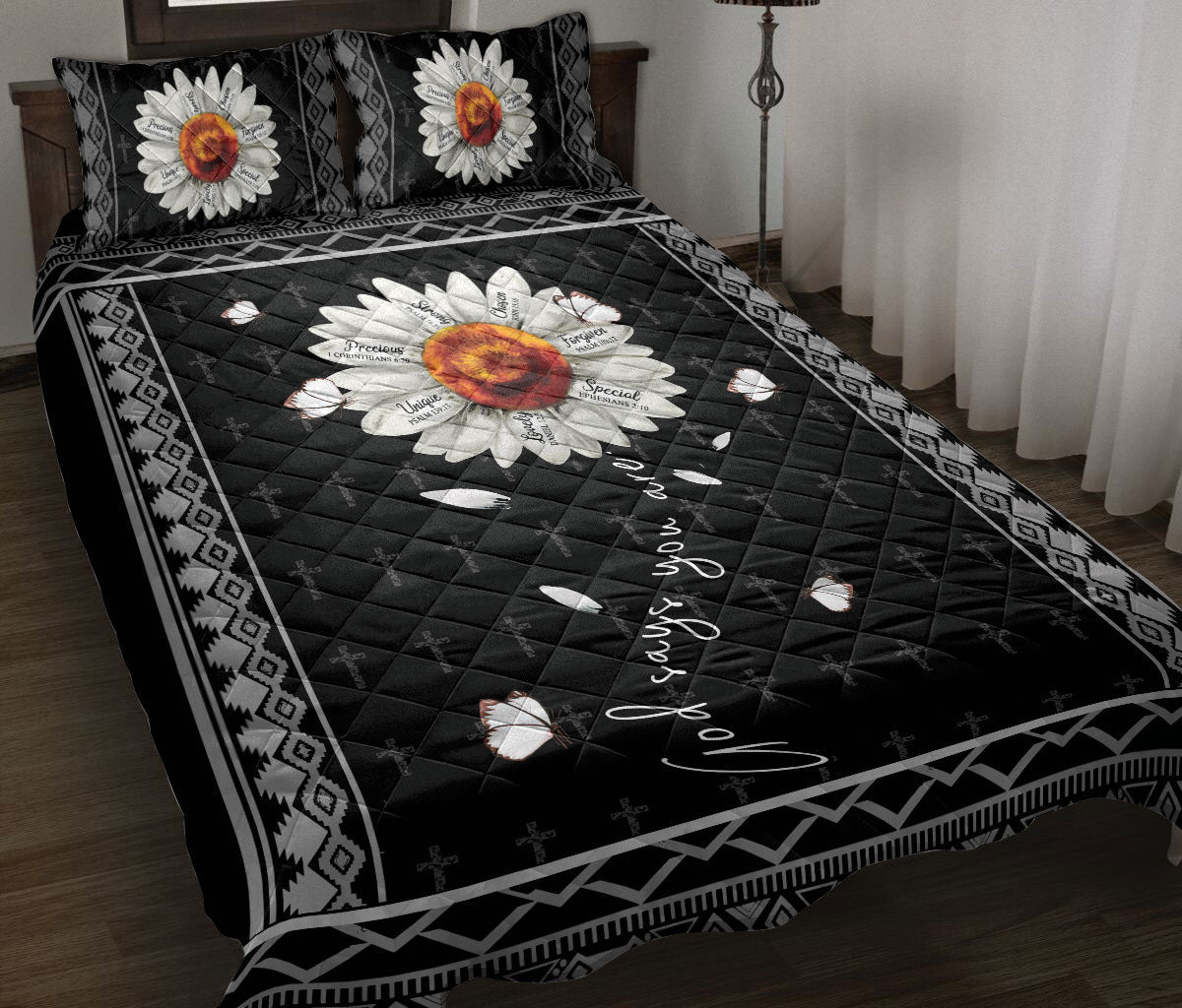Christian, Jesus, God, Bible Quilt Set, White Daisy God Say You Areian Flower Jesus Cross Quilt Blanket With Pillowcases, Quilt Bedding Set