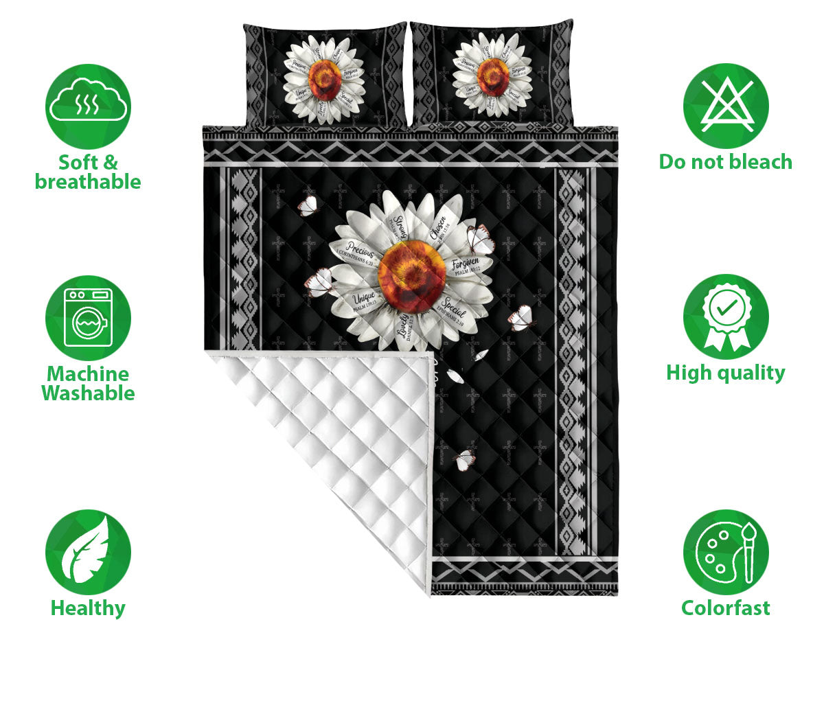 Christian, Jesus, God, Bible Quilt Set, White Daisy God Say You Areian Flower Jesus Cross Quilt Blanket With Pillowcases, Quilt Bedding Set