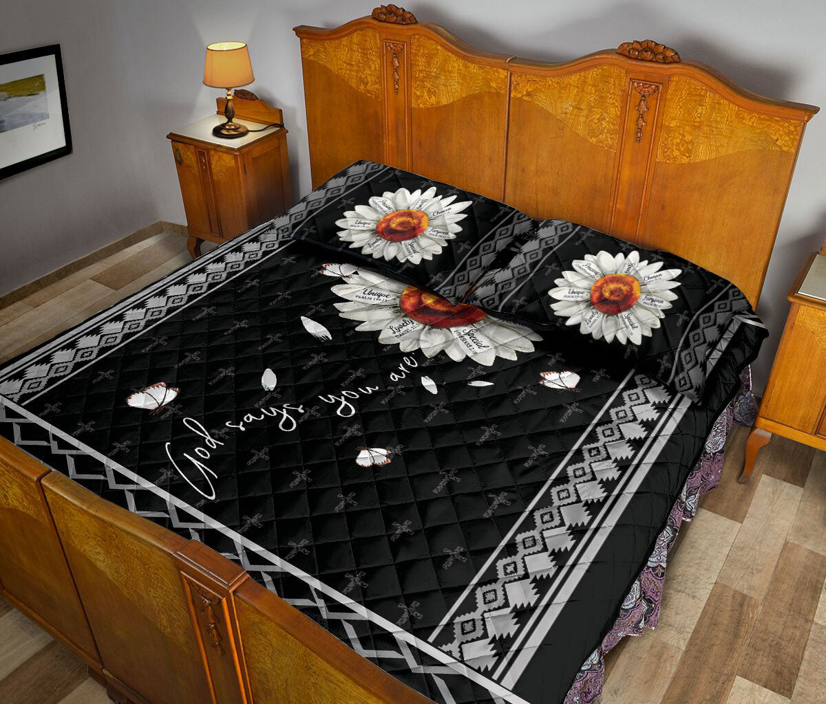Christian, Jesus, God, Bible Quilt Set, White Daisy God Say You Areian Flower Jesus Cross Quilt Blanket With Pillowcases, Quilt Bedding Set