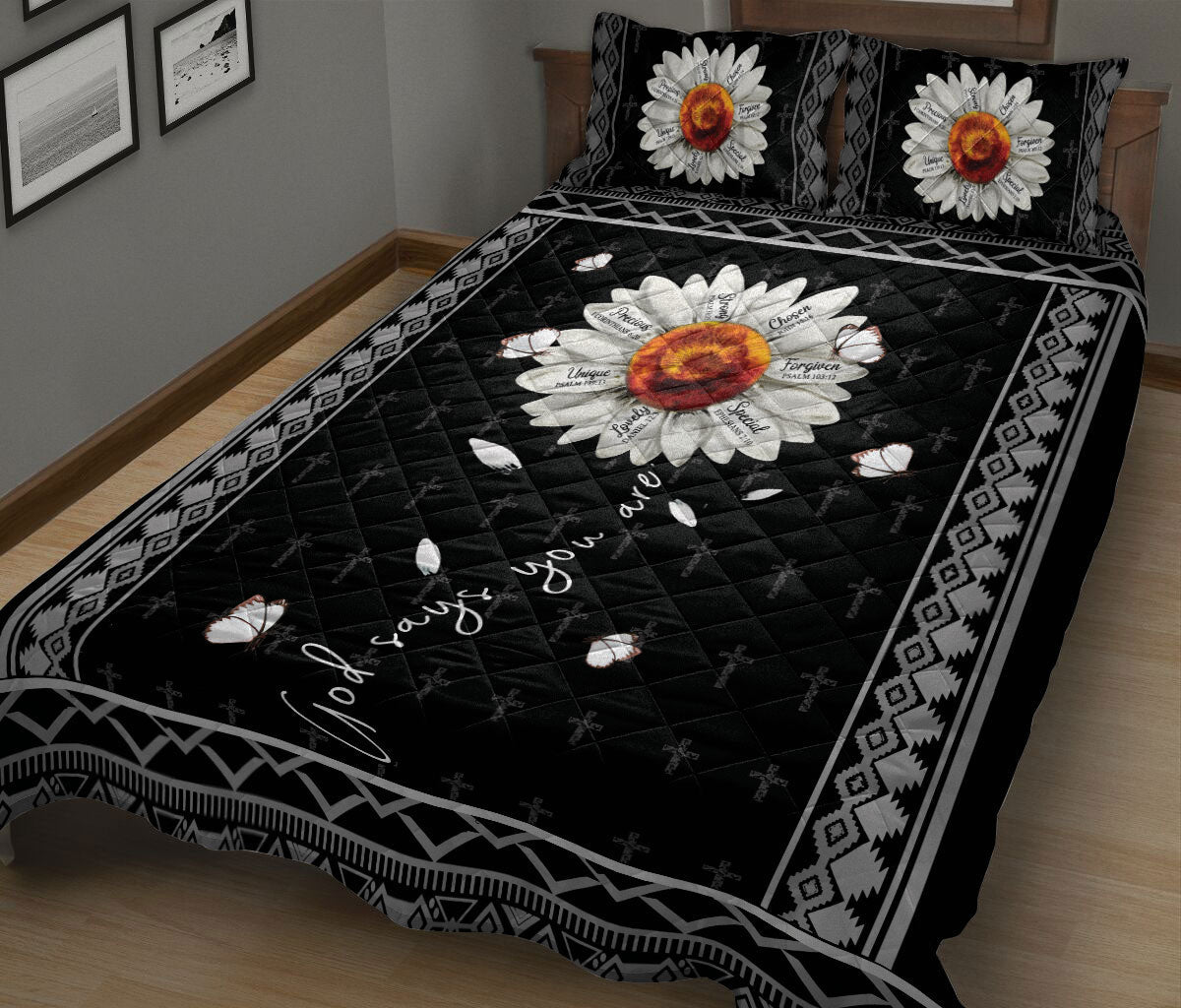 Christian, Jesus, God, Bible Quilt Set, White Daisy God Say You Areian Flower Jesus Cross Quilt Blanket With Pillowcases, Quilt Bedding Set