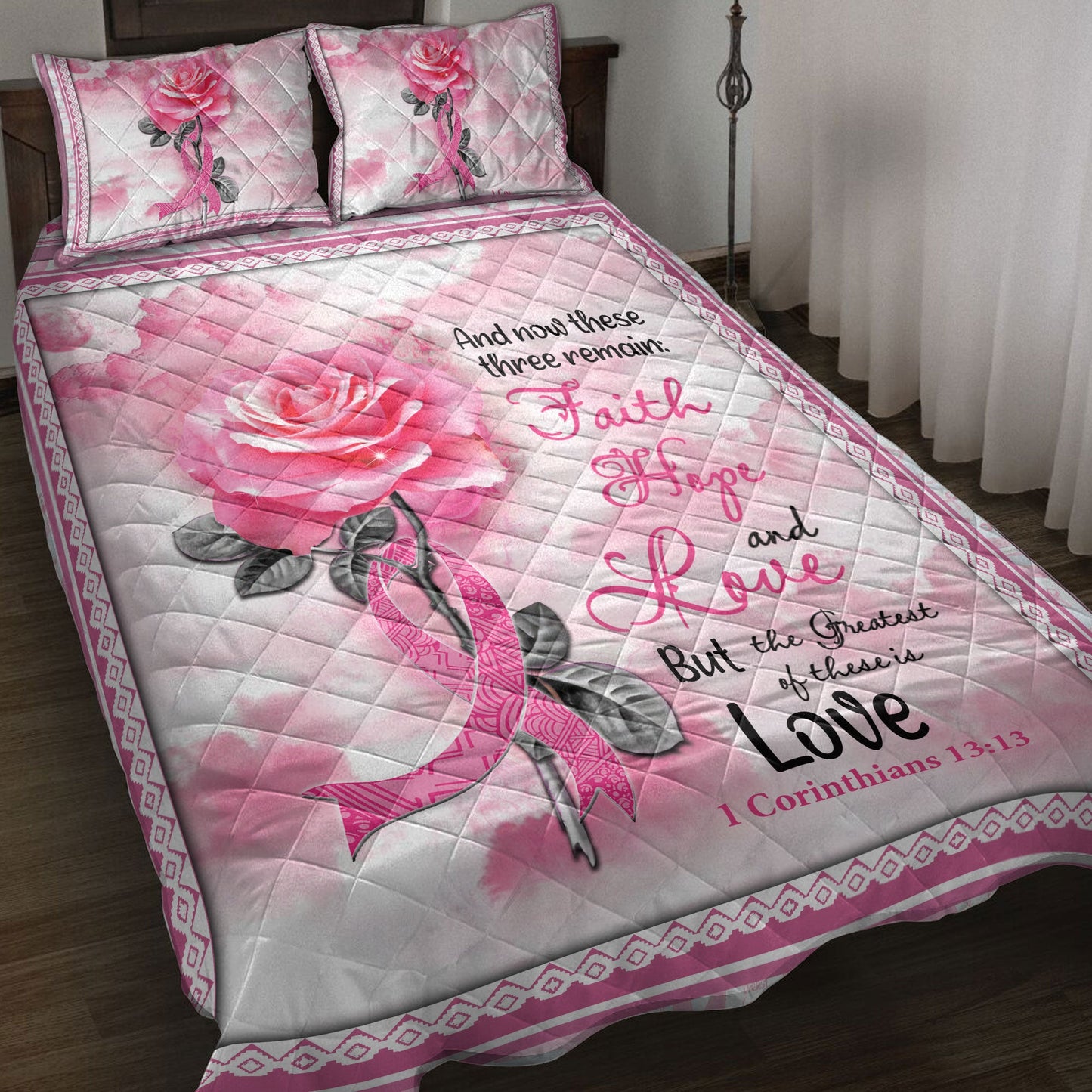 Breast Cancer Quilt Set, Breast Cancer Awareness Pink Bc Support Rose Faith Hope Love Quilt Blanket With Pillowcases, Quilt Bedding Set