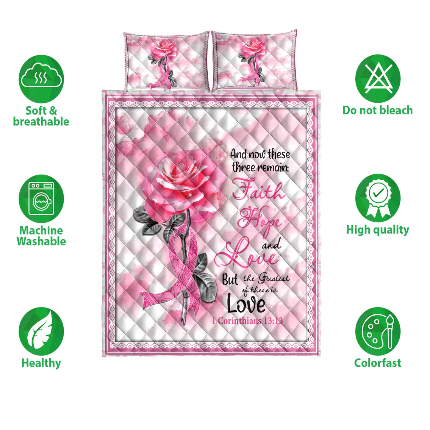 Breast Cancer Quilt Set, Breast Cancer Awareness Pink Bc Support Rose Faith Hope Love Quilt Blanket With Pillowcases, Quilt Bedding Set