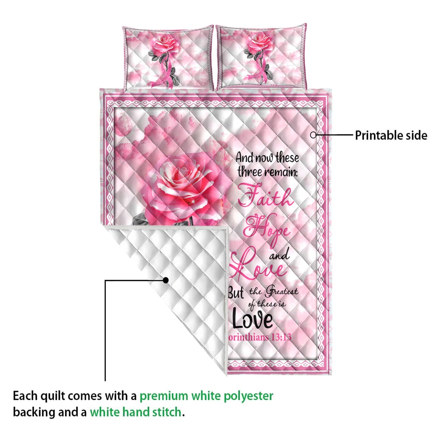 Breast Cancer Quilt Set, Breast Cancer Awareness Pink Bc Support Rose Faith Hope Love Quilt Blanket With Pillowcases, Quilt Bedding Set