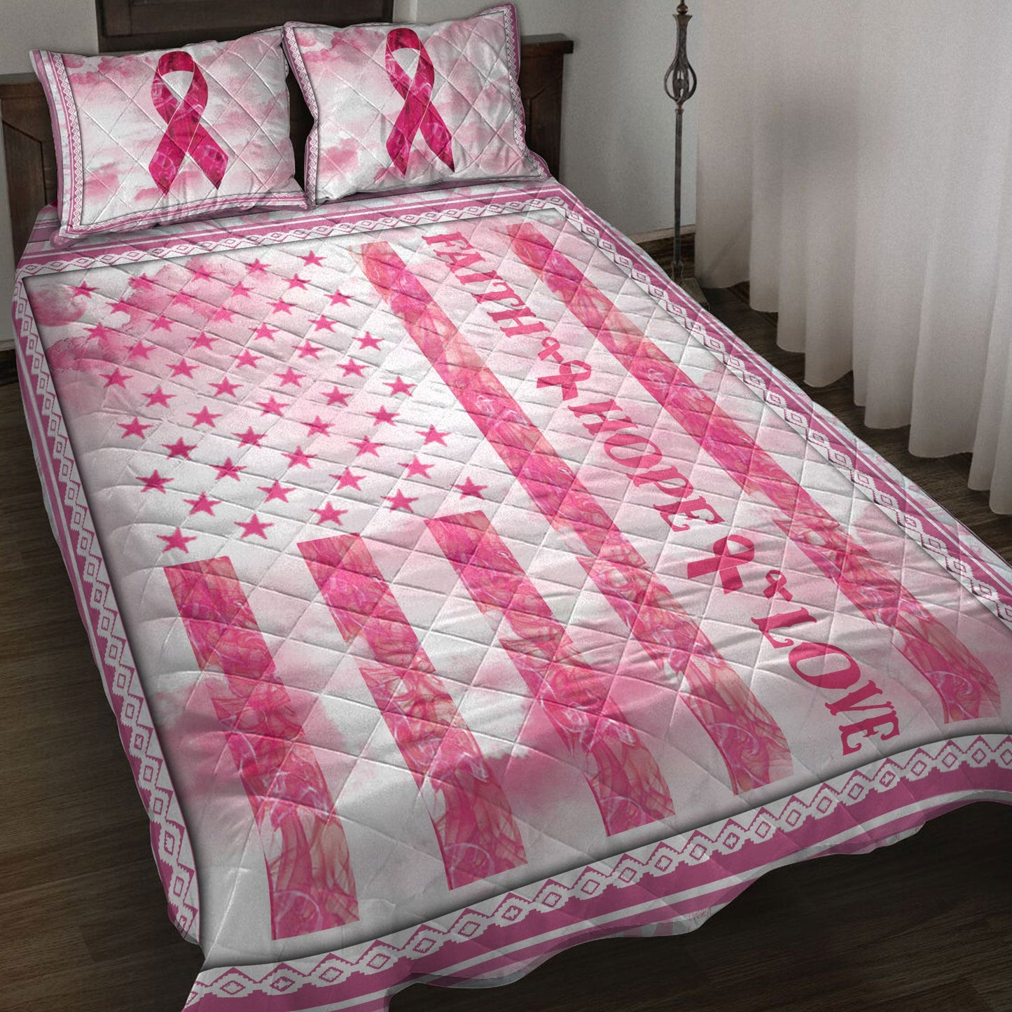 Breast Cancer Quilt Set, Breast Cancer Awareness Pink Bc Support Faith Hope Love Quilt Blanket With Pillowcases, Quilt Bedding Set