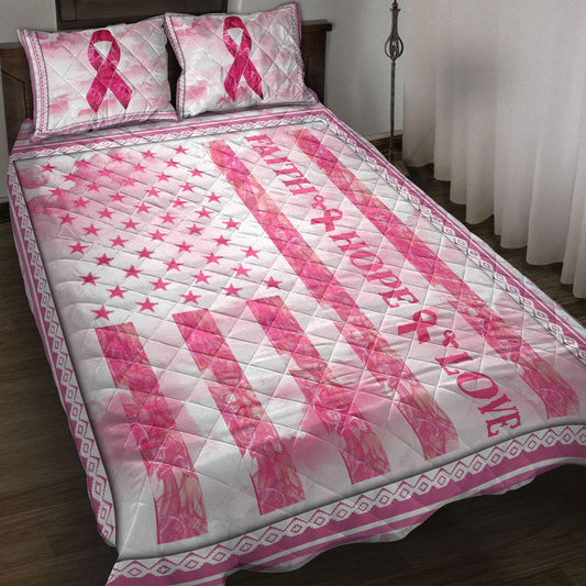 Breast Cancer Quilt Set, Breast Cancer Awareness Pink Bc Support Faith Hope Love Quilt Blanket With Pillowcases, Quilt Bedding Set