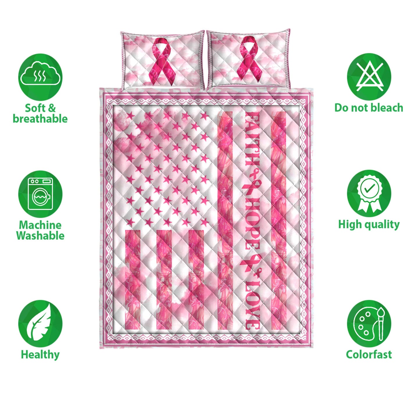 Breast Cancer Quilt Set, Breast Cancer Awareness Pink Bc Support Faith Hope Love Quilt Blanket With Pillowcases, Quilt Bedding Set