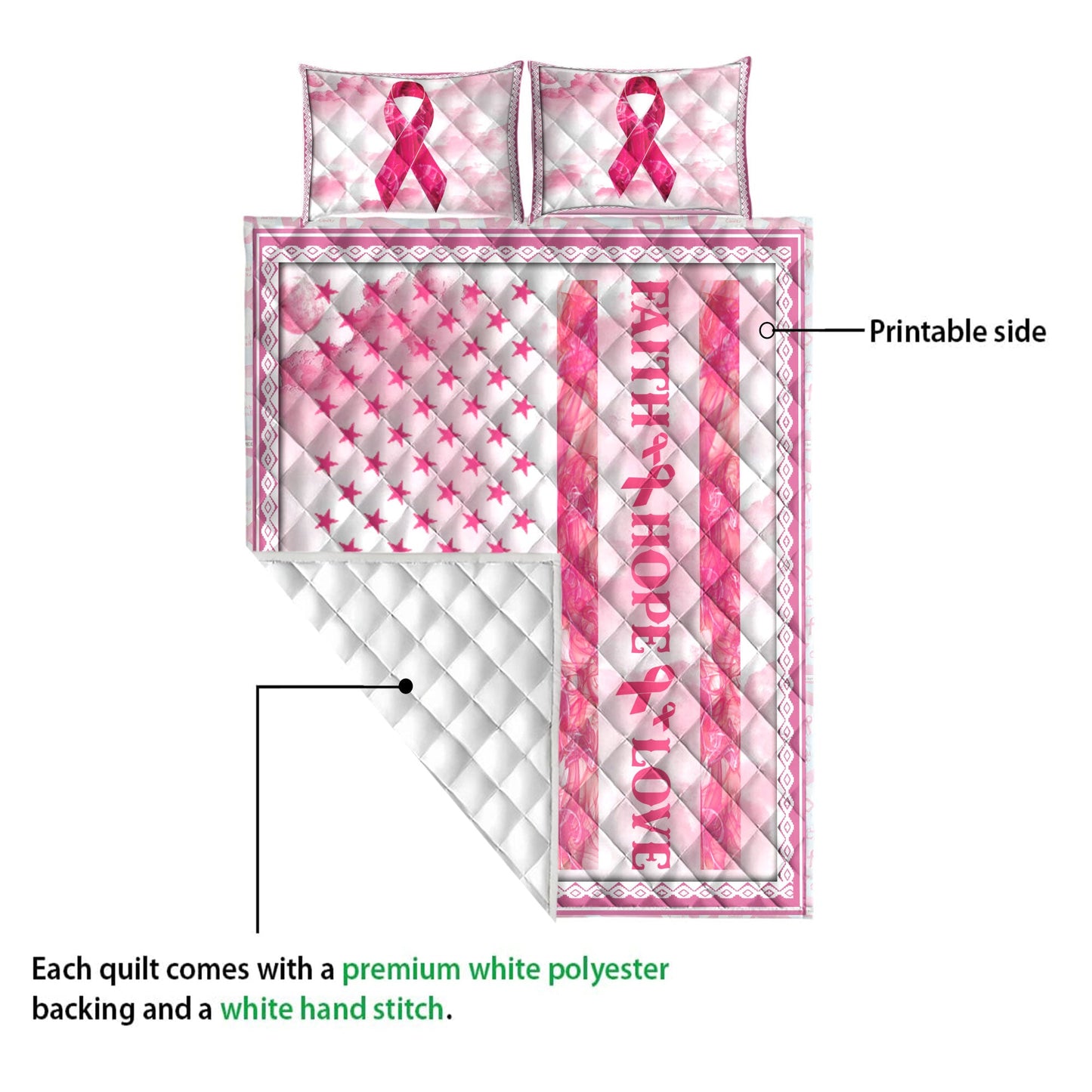 Breast Cancer Quilt Set, Breast Cancer Awareness Pink Bc Support Faith Hope Love Quilt Blanket With Pillowcases, Quilt Bedding Set
