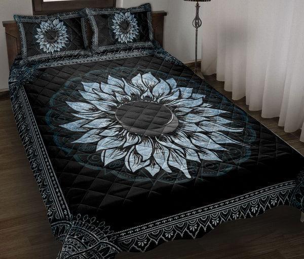 Personalized Hockey 3-Piece Quilt Bedding Set, Hockey Blue Sunflower Mandala Hockey Quilt Blanket With Pillowcases, Quilt Bedding Set