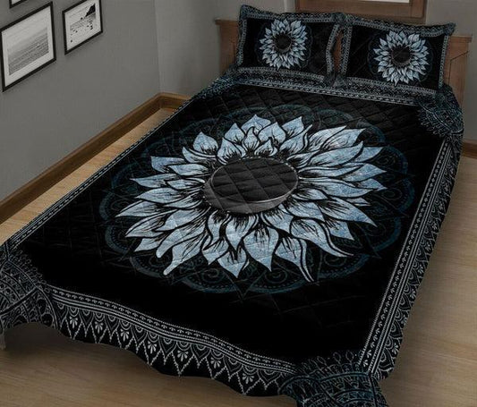 Personalized Hockey 3-Piece Quilt Bedding Set, Hockey Blue Sunflower Mandala Hockey Quilt Blanket With Pillowcases, Quilt Bedding Set