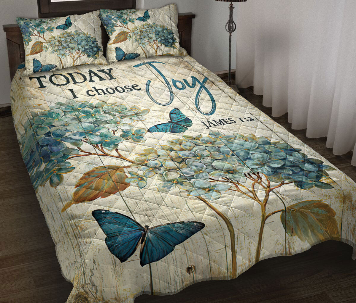 Butterfly, Christian, Jesus, God, Bible Quilt Set, Flower Butterfly Today I Choose Joy Beigeian Wood Quilt Blanket With Pillowcases, Quilt Bedding Set