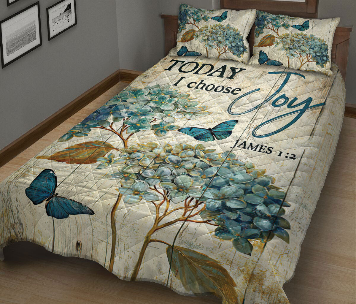 Butterfly, Christian, Jesus, God, Bible Quilt Set, Flower Butterfly Today I Choose Joy Beigeian Wood Quilt Blanket With Pillowcases, Quilt Bedding Set