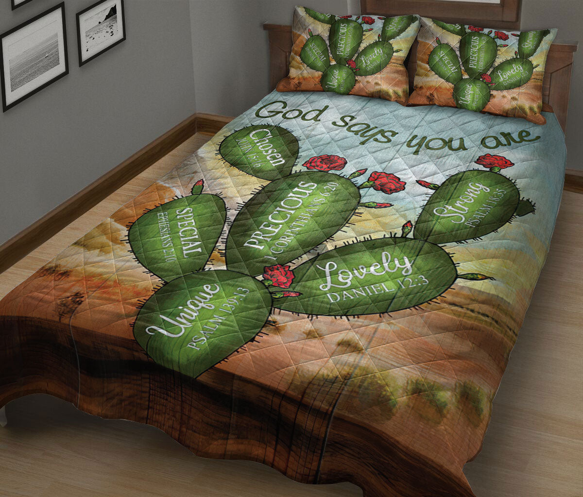 Cactus Quilt Set, Cact Us Succa God Say You Areian Religio Us Quilt Blanket With Pillowcases, Quilt Bedding Set