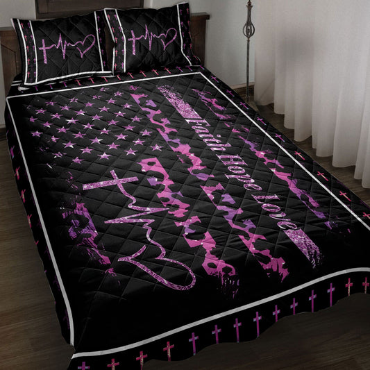 Breast Cancer Quilt Set, Leopard Us Flag Breast Cancer Awareness Quilt Blanket With Pillowcases, Quilt Bedding Set