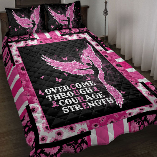 Breast Cancer Quilt Set, Breast Cancer Awareness Pink Angel Cure Quilt Blanket With Pillowcases, Quilt Bedding Set