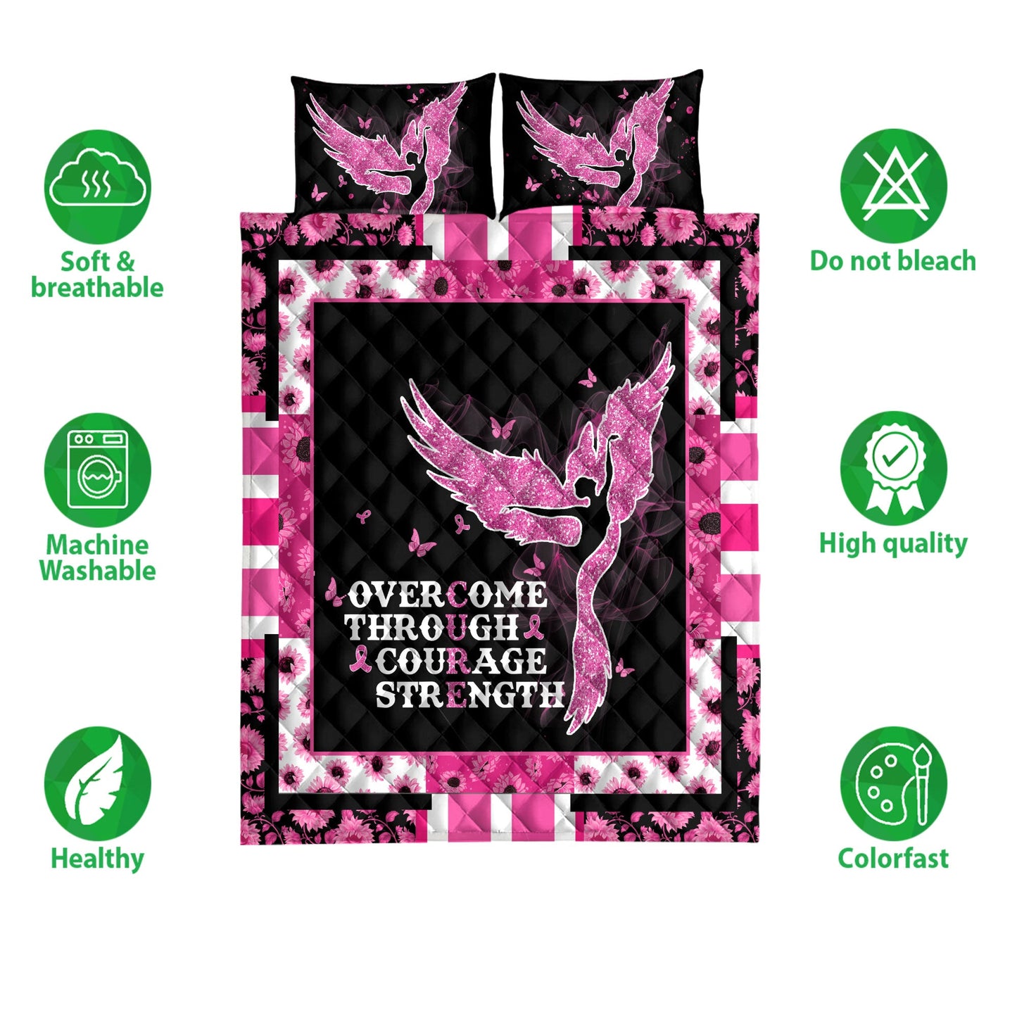 Breast Cancer Quilt Set, Breast Cancer Awareness Pink Angel Cure Quilt Blanket With Pillowcases, Quilt Bedding Set