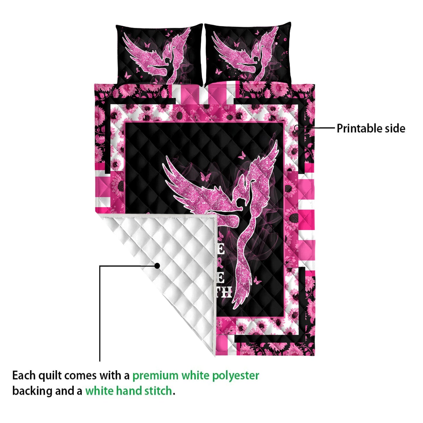 Breast Cancer Quilt Set, Breast Cancer Awareness Pink Angel Cure Quilt Blanket With Pillowcases, Quilt Bedding Set