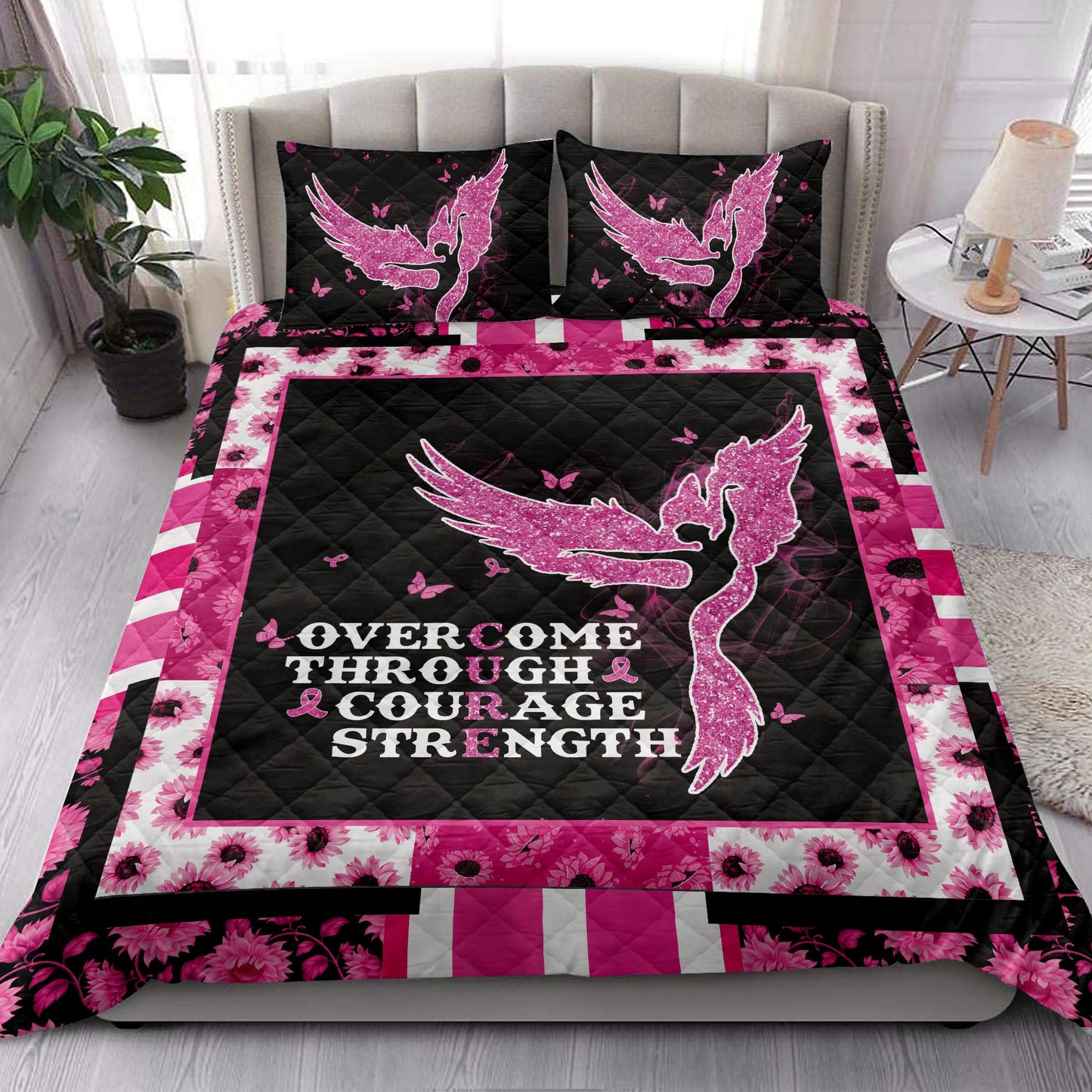 Breast Cancer Quilt Set, Breast Cancer Awareness Pink Angel Cure Quilt Blanket With Pillowcases, Quilt Bedding Set