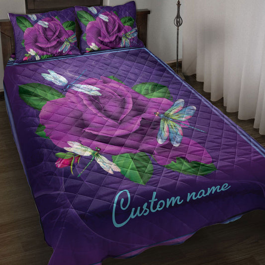 Personalized Dragonfly Quilt Set, Purple Rose Dragonfly Violet Quilt Blanket With Pillowcases, Custom Name Quilt Bedding Set