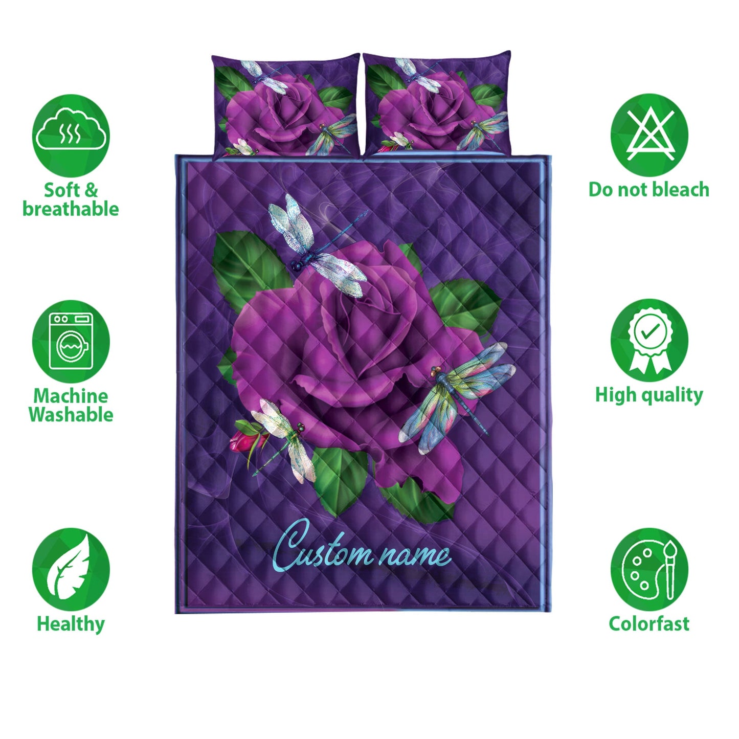 Personalized Dragonfly Quilt Set, Purple Rose Dragonfly Violet Quilt Blanket With Pillowcases, Custom Name Quilt Bedding Set