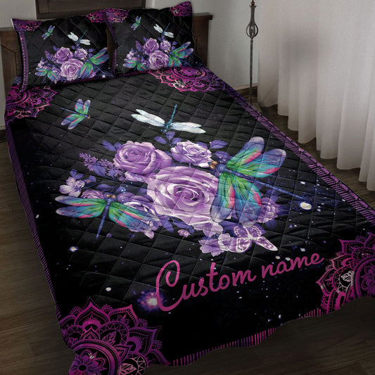 Personalized Dragonfly Quilt Set, Purple Rose Dragonfly Mandala Galaxy Violet Quilt Blanket With Pillowcases, Quilt Bedding Set