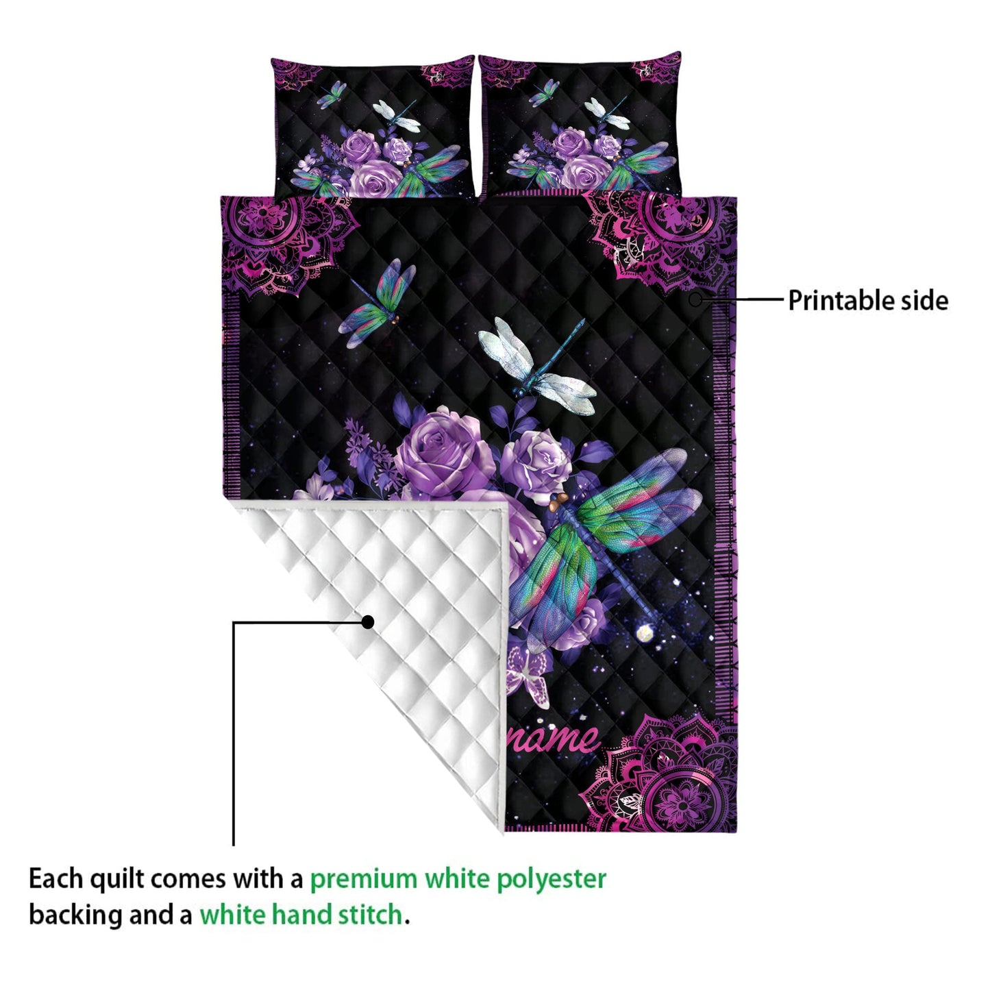 Personalized Dragonfly Quilt Set, Purple Rose Dragonfly Mandala Galaxy Violet Quilt Blanket With Pillowcases, Quilt Bedding Set
