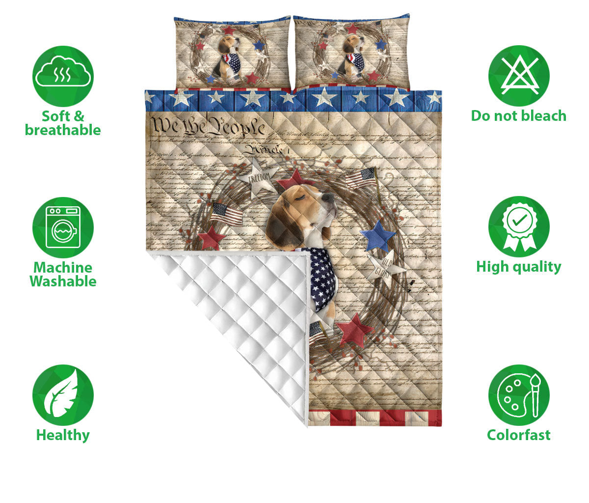 Beagle Quilt Set, Beagle Dog We The People Patriotic Quilt Blanket With Pillowcases, Quilt Bedding Set