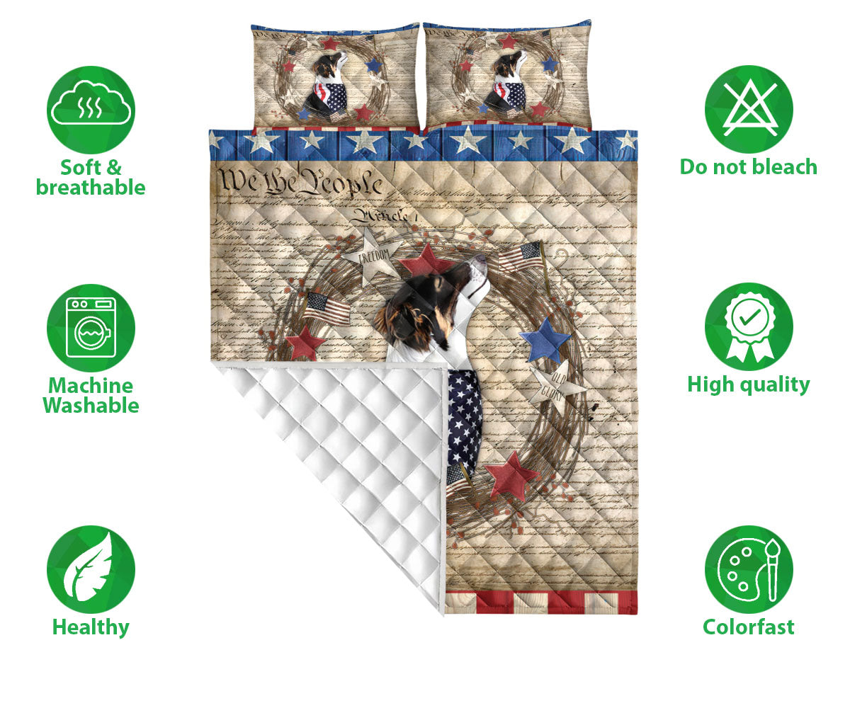 Border Collie Quilt Set, Border Collie Dog We The People Patriotic Quilt Blanket With Pillowcases, Quilt Bedding Set