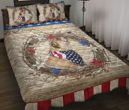 Bulldog Quilt Set, Bulldog Dog We The People Patriotic Quilt Blanket With Pillowcases, Quilt Bedding Set