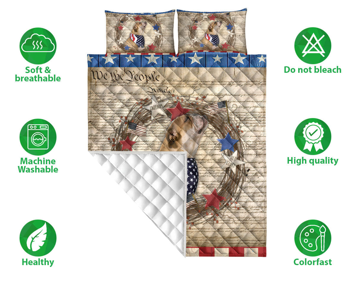 Bulldog Quilt Set, Bulldog Dog We The People Patriotic Quilt Blanket With Pillowcases, Quilt Bedding Set