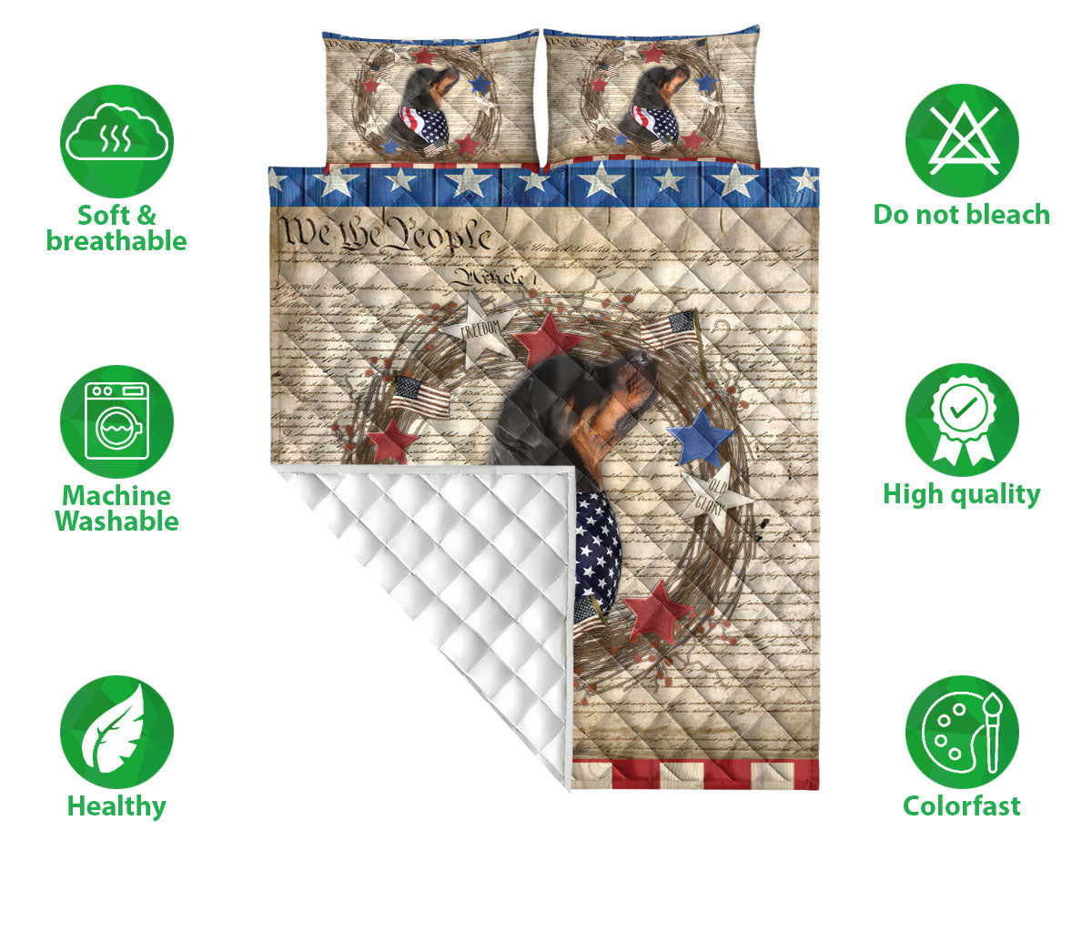 Dachshund Quilt Set, Dachshund Dog We The People Patriotic Quilt Blanket With Pillowcases, Quilt Bedding Set