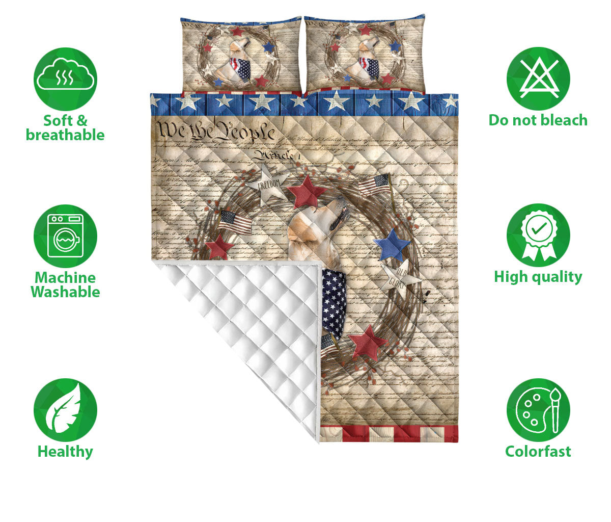 Golden Retriever Quilt Set, Golden Retriever Dog We The People Patriotic Quilt Blanket With Pillowcases, Quilt Bedding Set