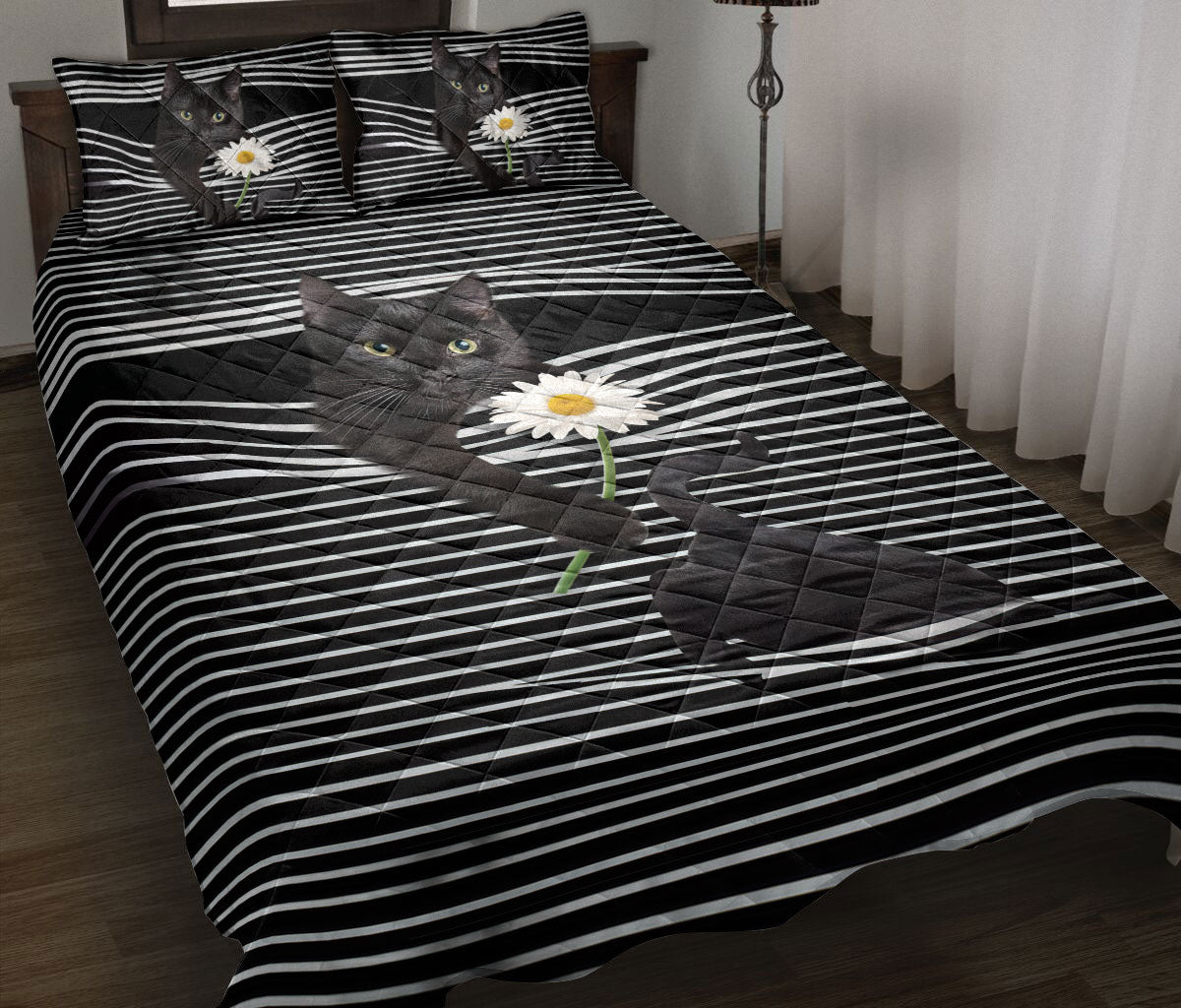 Black Cat,Cat Quilt Set, Black Cat White Daisy Striped Quilt Blanket With Pillowcases, Quilt Bedding Set