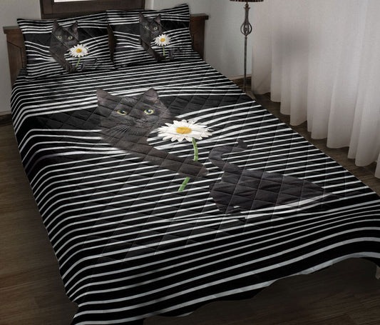 Black Cat,Cat Quilt Set, Black Cat White Daisy Striped Quilt Blanket With Pillowcases, Quilt Bedding Set