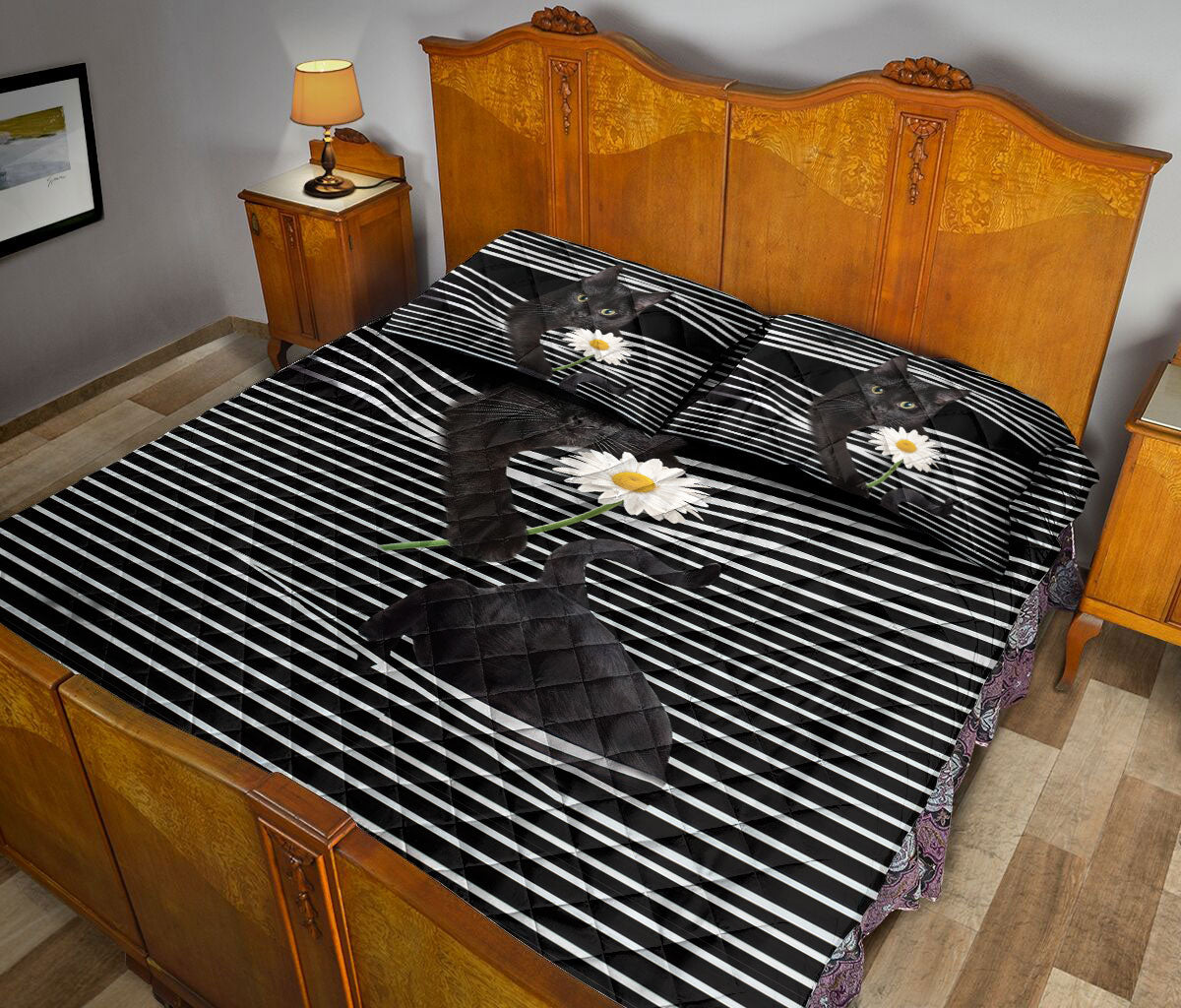 Black Cat,Cat Quilt Set, Black Cat White Daisy Striped Quilt Blanket With Pillowcases, Quilt Bedding Set