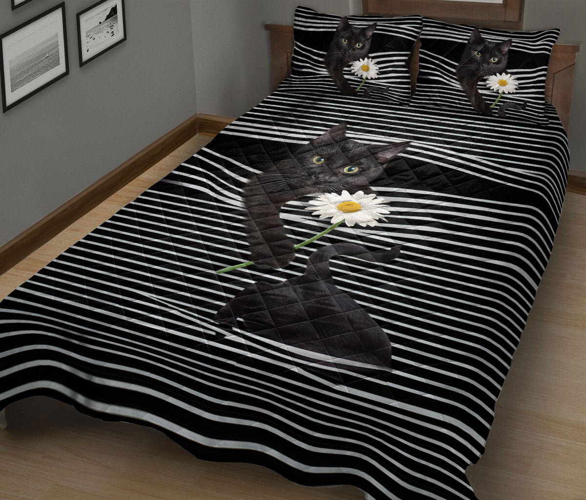 Black Cat,Cat Quilt Set, Black Cat White Daisy Striped Quilt Blanket With Pillowcases, Quilt Bedding Set