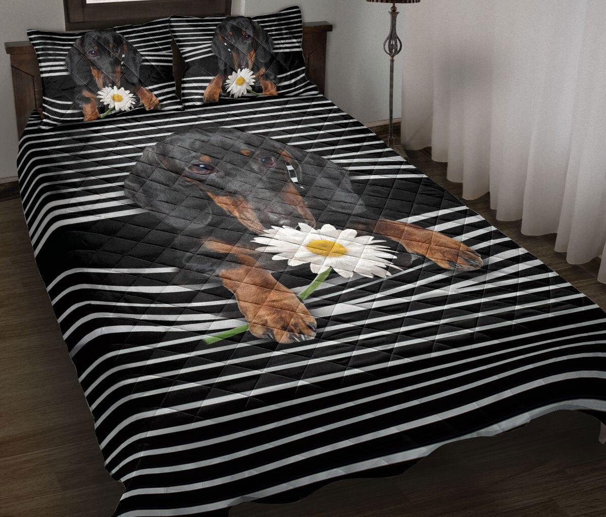 Dachshund Quilt Set, Black Dachshund White Daisy Striped Dog Quilt Blanket With Pillowcases, Quilt Bedding Set