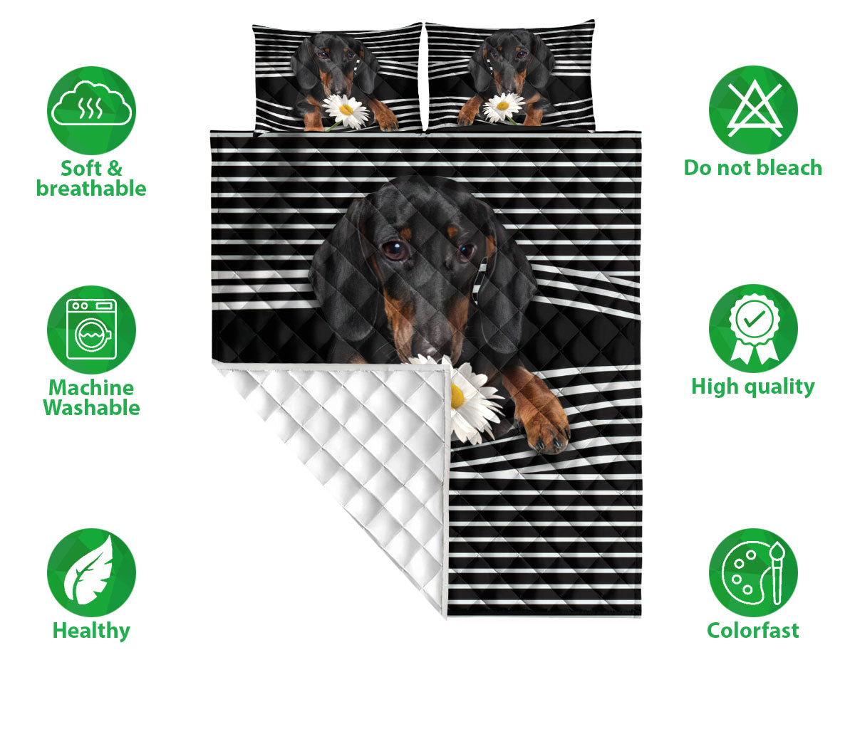 Dachshund Quilt Set, Black Dachshund White Daisy Striped Dog Quilt Blanket With Pillowcases, Quilt Bedding Set
