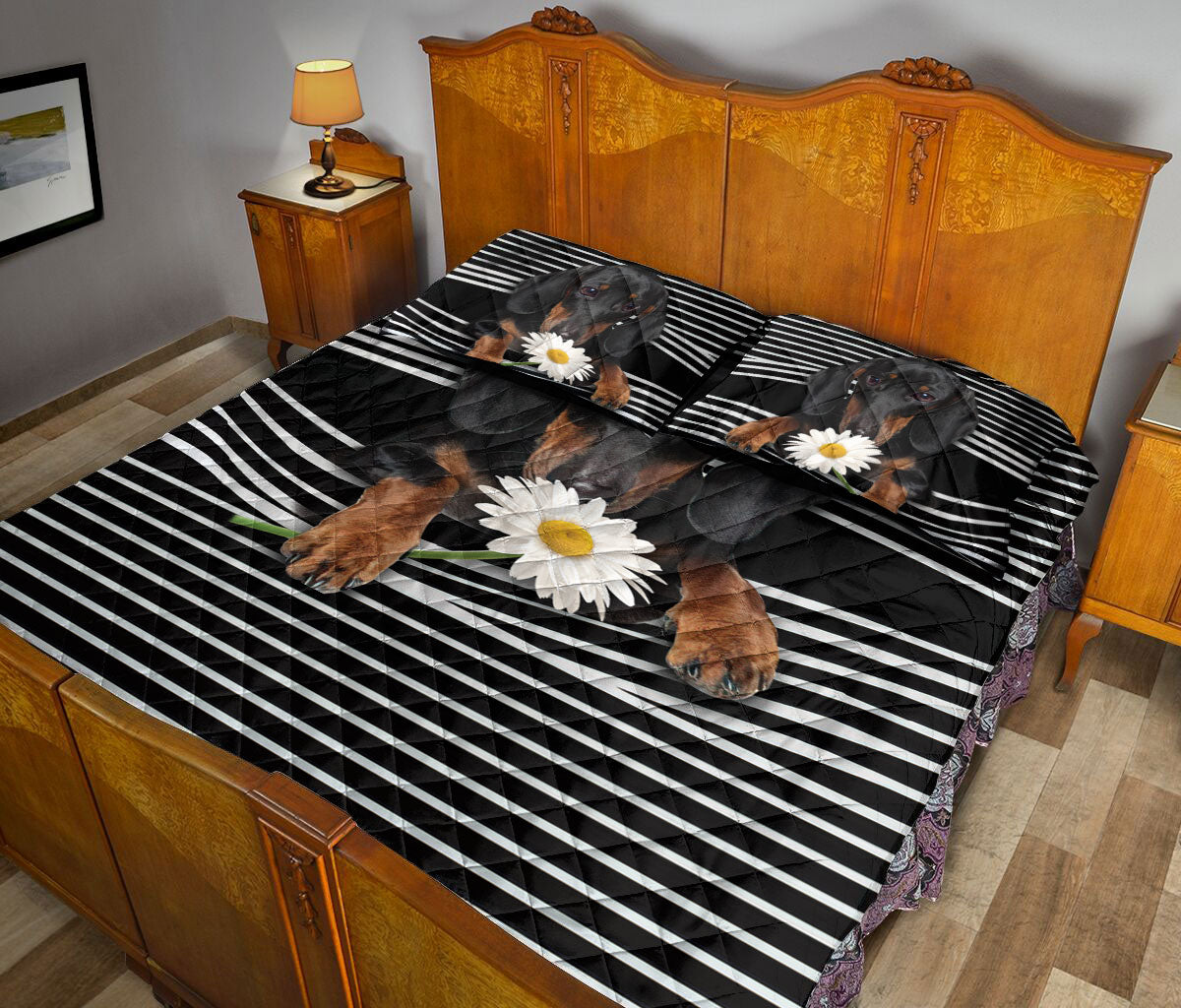 Dachshund Quilt Set, Black Dachshund White Daisy Striped Dog Quilt Blanket With Pillowcases, Quilt Bedding Set