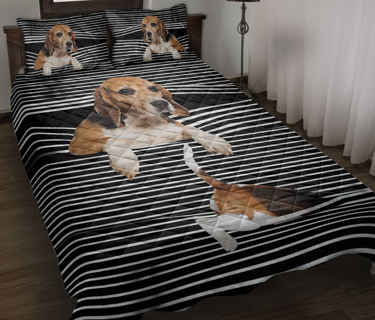 Beagle Quilt Set, Beagle Striped Black Striped Dog Quilt Blanket With Pillowcases, Quilt Bedding Set