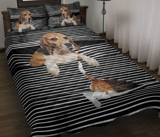 Beagle Quilt Set, Beagle Striped Black Striped Dog Quilt Blanket With Pillowcases, Quilt Bedding Set