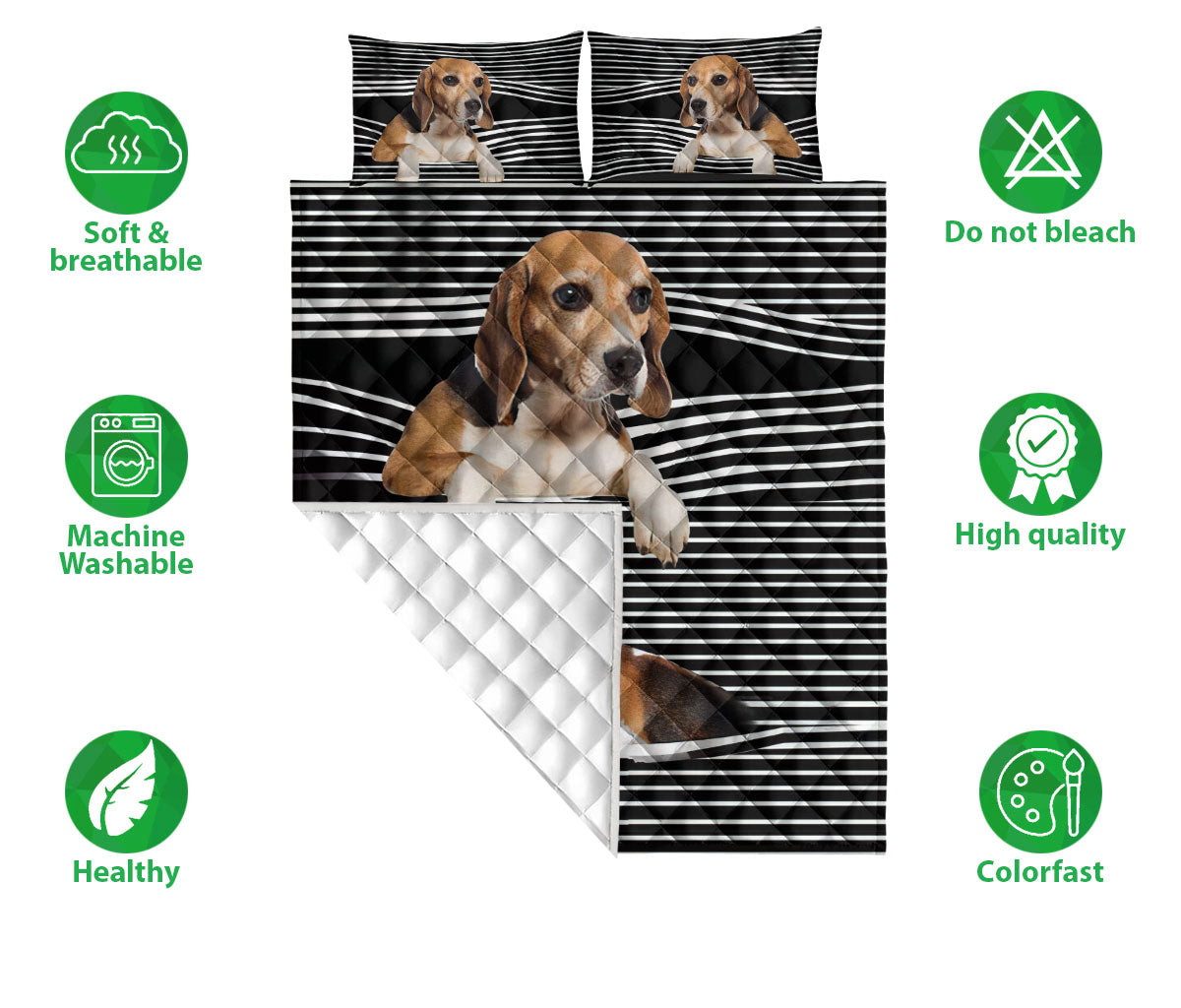 Beagle Quilt Set, Beagle Striped Black Striped Dog Quilt Blanket With Pillowcases, Quilt Bedding Set