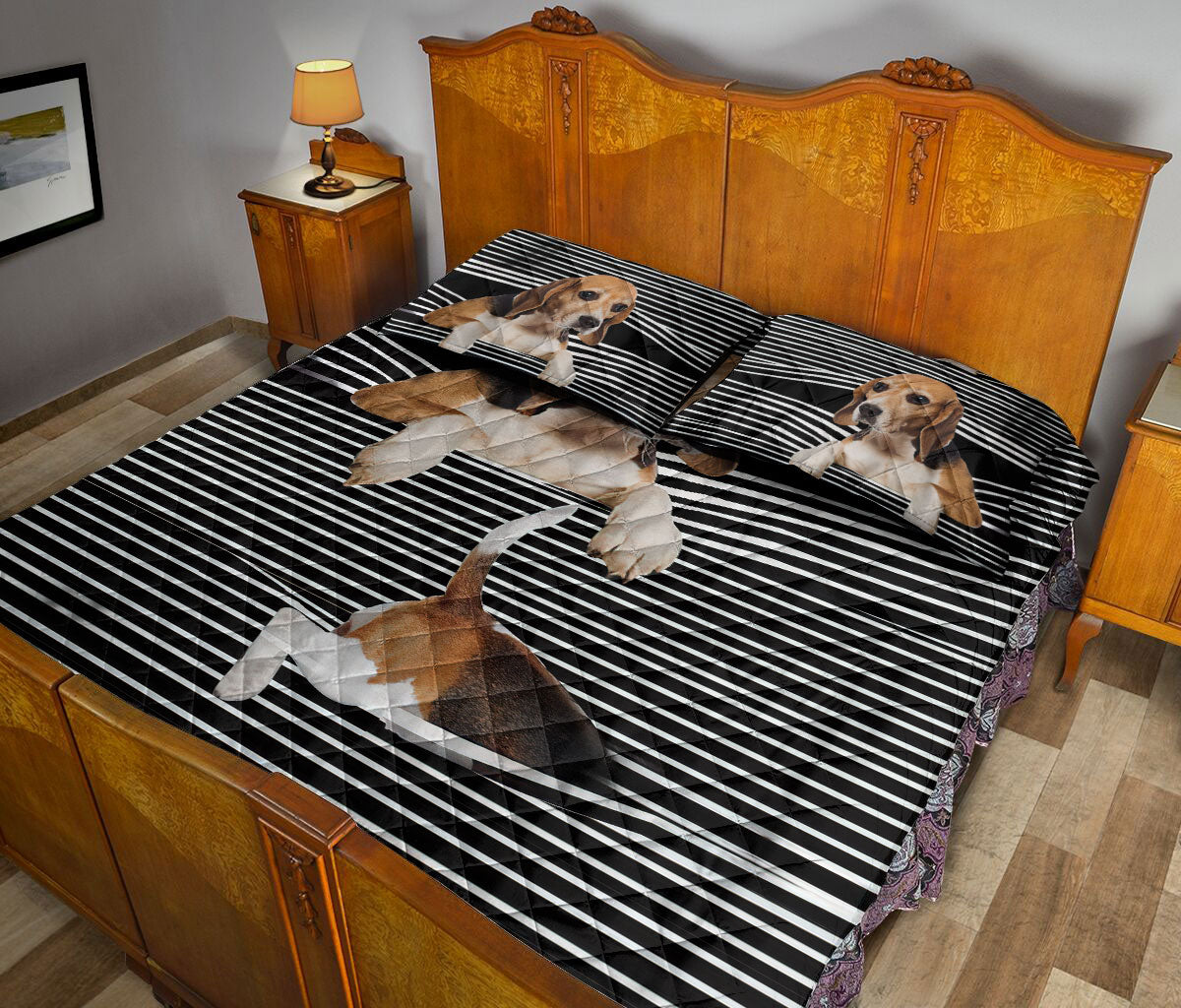Beagle Quilt Set, Beagle Striped Black Striped Dog Quilt Blanket With Pillowcases, Quilt Bedding Set
