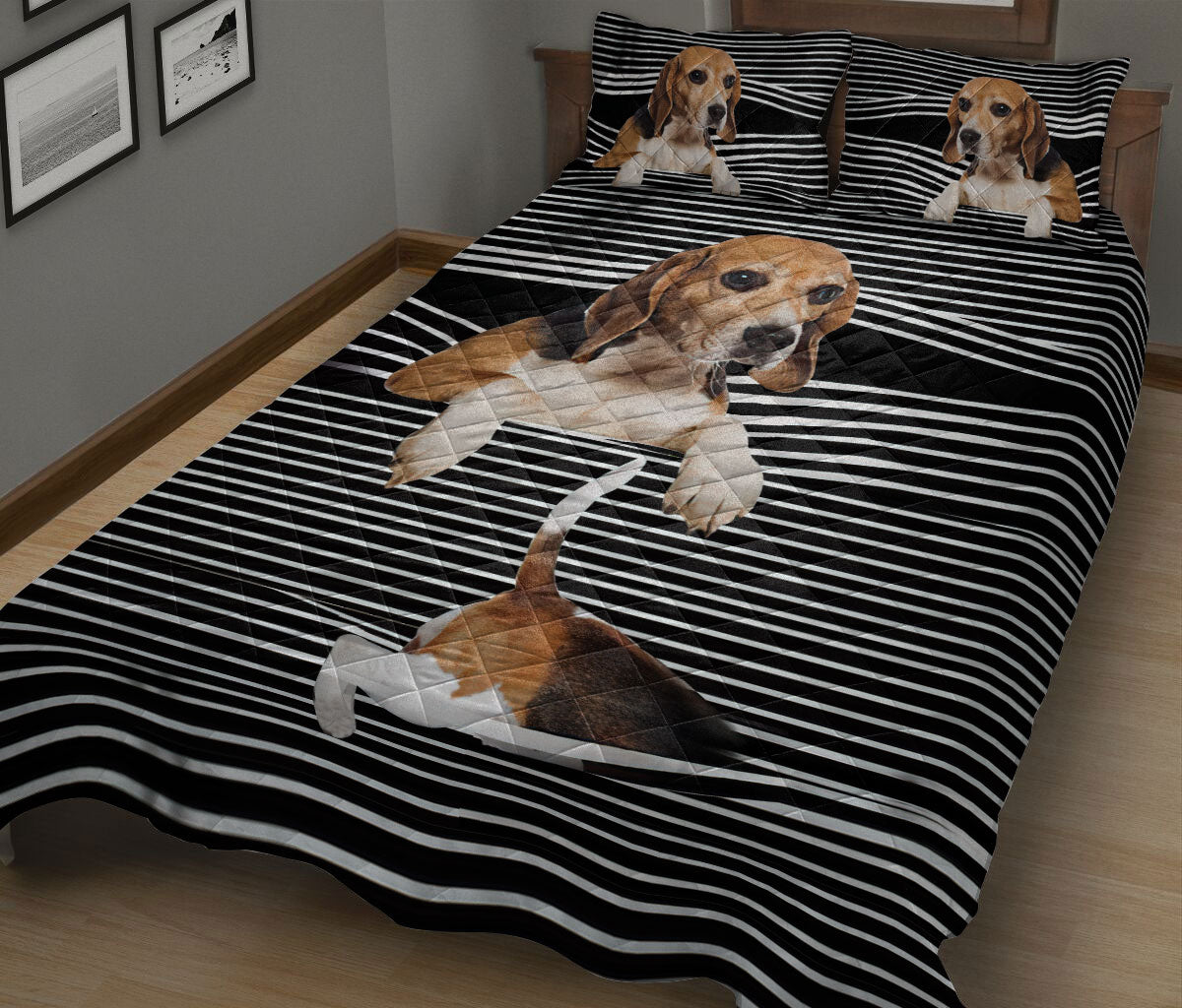 Beagle Quilt Set, Beagle Striped Black Striped Dog Quilt Blanket With Pillowcases, Quilt Bedding Set
