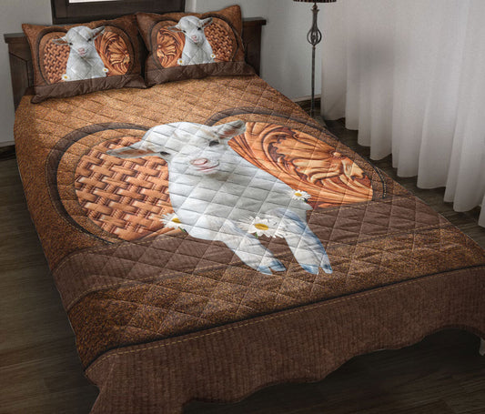 Goat Quilt Set, White Baby Goat Daisy Flower Farm Farmer Quilt Blanket With Pillowcases, Quilt Bedding Set