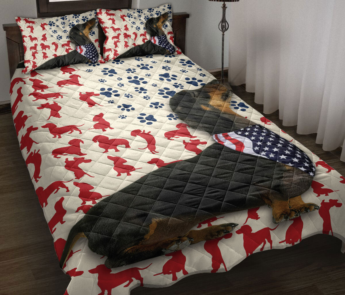 Dachshund Quilt Set, American Us Flag Patriotic Black Dachshund Dog Quilt Blanket With Pillowcases, Quilt Bedding Set