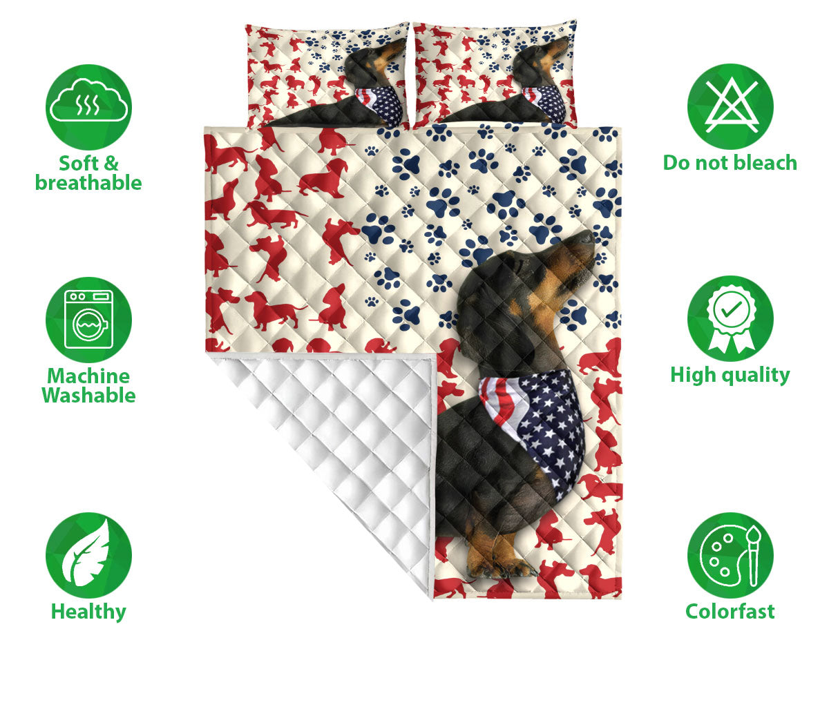 Dachshund Quilt Set, American Us Flag Patriotic Black Dachshund Dog Quilt Blanket With Pillowcases, Quilt Bedding Set