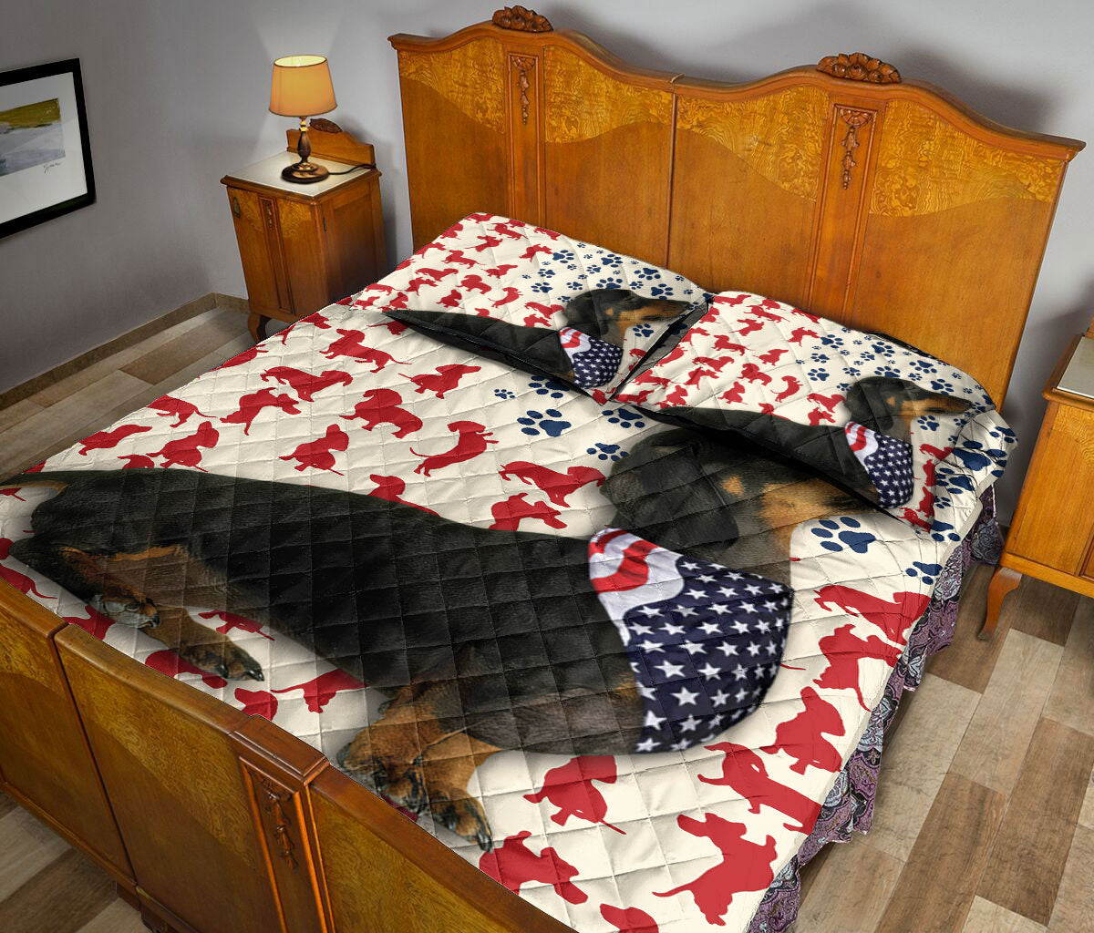 Dachshund Quilt Set, American Us Flag Patriotic Black Dachshund Dog Quilt Blanket With Pillowcases, Quilt Bedding Set