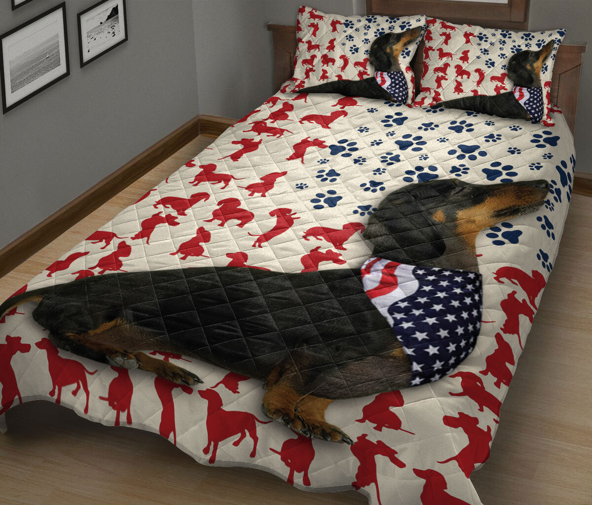 Dachshund Quilt Set, American Us Flag Patriotic Black Dachshund Dog Quilt Blanket With Pillowcases, Quilt Bedding Set