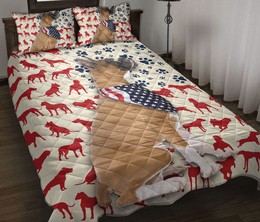 Boxer Quilt Set, American Us Flag Patriotic Boxer Dog Quilt Blanket With Pillowcases, Quilt Bedding Set